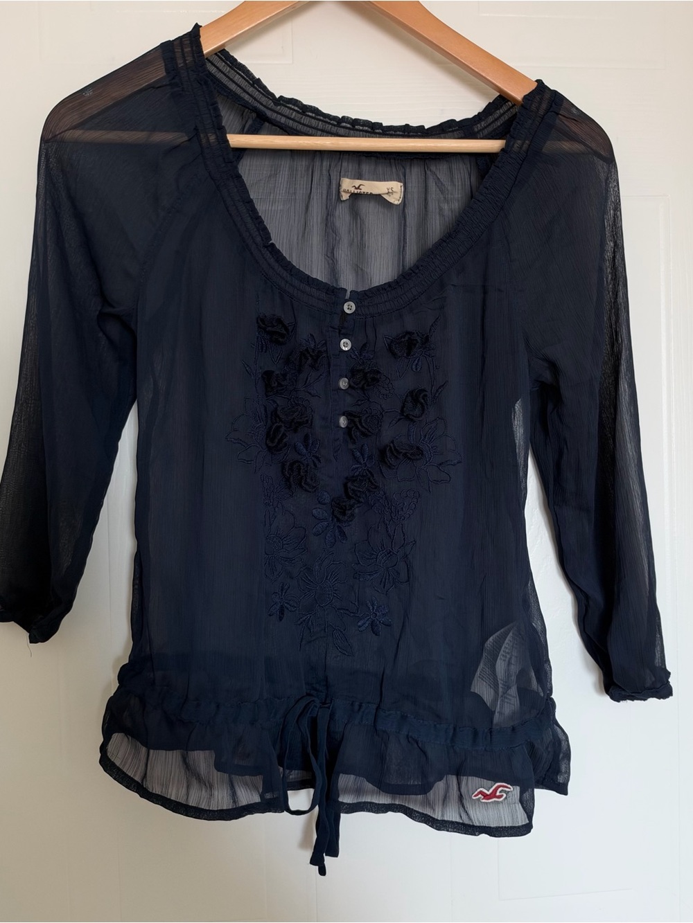 Hollister Navy Sheer Embroidered Peasant Blouse